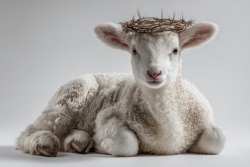 Obraz premium Ai image. Lamb of serenity: A close-up view of a lamb, adorned with a crown of thorns, rests serenely, symbolizing innocence, sacrifice, and devotion. A poignant portrayal of faith.