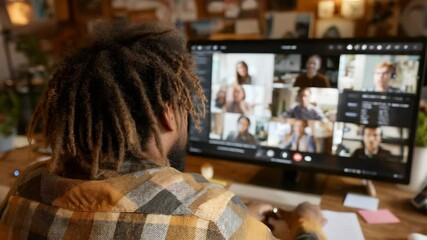 Young African American man attending remote video conference in cozy home office with warm wooden tones for corporate training, online learning, or hybrid work lifestyle content