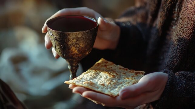 Sacred Communion: A close-up shot captures the serene moment of a person holding a cup of red wine and a piece of bread, a powerful symbol of spiritual connection and religious sacrament. Ai image