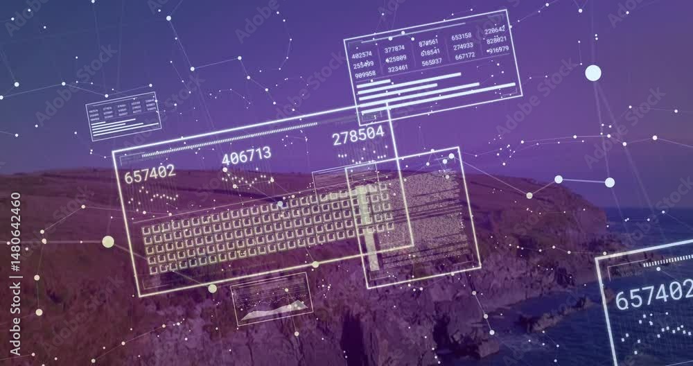 Poster coastal cliff blending with floating data panels displaying numeric readouts and network nodes