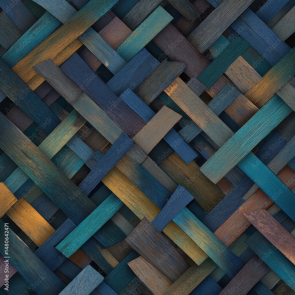 Poster woven wood planks forming abstract pattern close up overhead view rustic style background texture su
