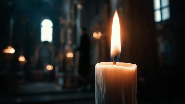 Single memorial candle burning in dark church interior with soft warm bokeh for religious ceremonies, mourning tributes, or All Saints’ Day videos in solemn tones