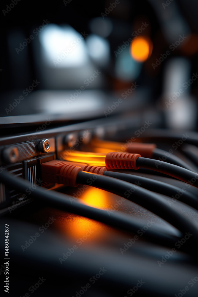 Poster cables connect to equipment, creating an illuminated workspace in a tech environment