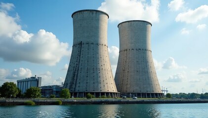 Large industrial cooling tower, intricate structure, water evaporation, heat dissipation, energy efficiency , sky, grid, architecture