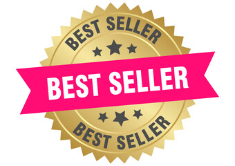 best seller. best seller round pink and gold label isolated on transparent background