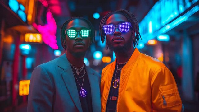 Two stylish African American men wearing futuristic LED sunglasses and trendy outfits under neon city lights at night. Perfect for music videos, fashion campaigns, tech lifestyle content in vibrant ur