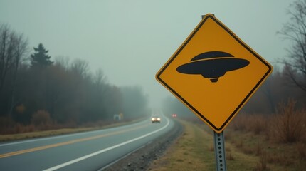 Yellow UFO warning sign with flying saucer icon, alerting drivers to alien activity

