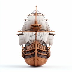 A beautifully rendered wooden sailing ship isolated on white, showcasing its intricate details.