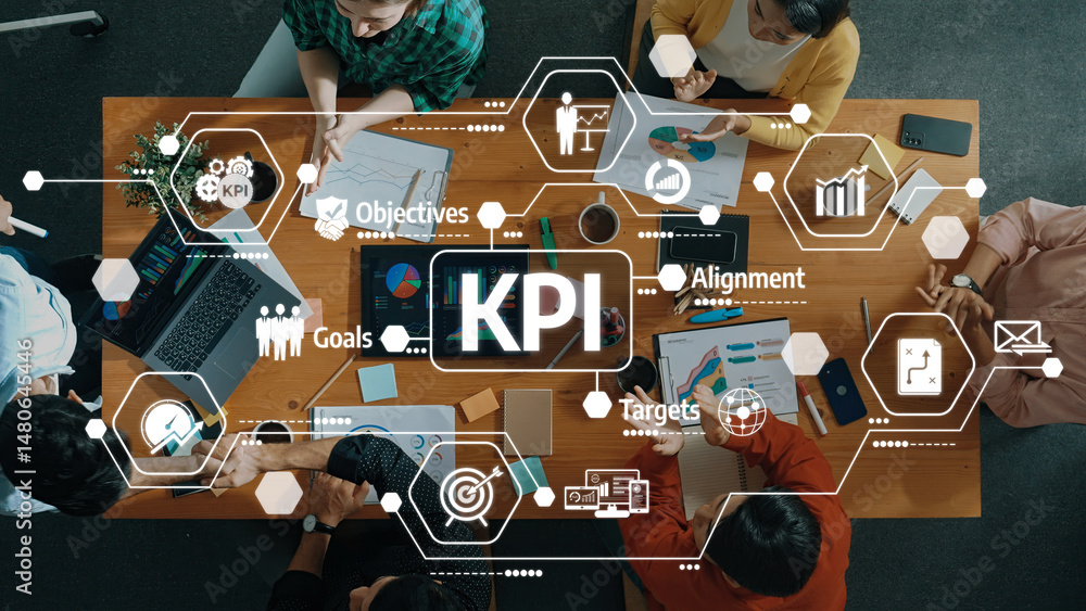 Poster a team collaborates in a modern office, discussing key performance indicators (kpi) and visual data 