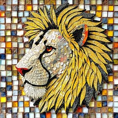 The unique geometric shapes and warm colors in this mosaic provide a stylized and artistic representation of a lion's head