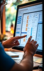 Focused individual engaging with data on computer screen in modern workspace environment