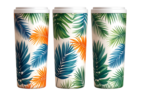 A set of three blank white travel mugs with orange and green leaf patterns on them, isolated against transparent background
