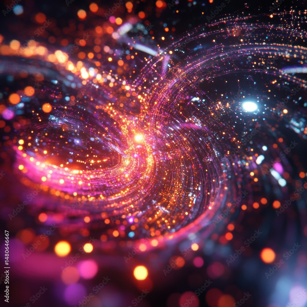 Poster abstract data stream visualization with glowing particles and swirling lines in a dark space; futuri