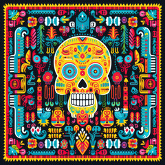 Mexican aztec sun stone with tribal face and colorful symmetrical pattern on black background