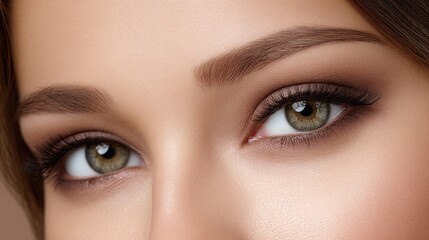 Naklejka premium Stunning close-up reveals a woman's striking eyes framed by dark, thick eyebrows and defined lashes, set against flawless skin