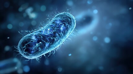 A 4K photo of abstract Bacteria Cell on Blue Background with Copy Space.