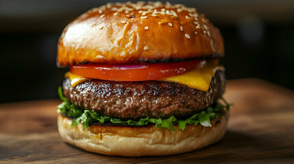 Close-up view of a gourmet hamburger on a wooden board.