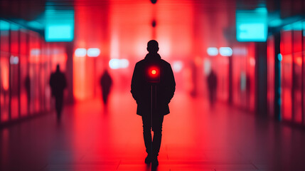 Fototapeta premium Silhouette of Person Walking Through Red Lit City Tunnel at Night