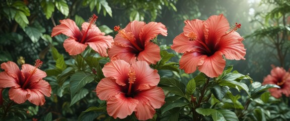 Large exotic hibiscus flowers, abundant tropical greenery,  detail,  jungle,  foliage