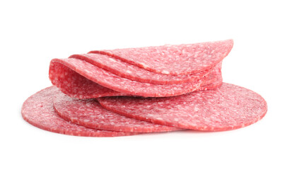 Slices of tasty smoked sausage isolated on white