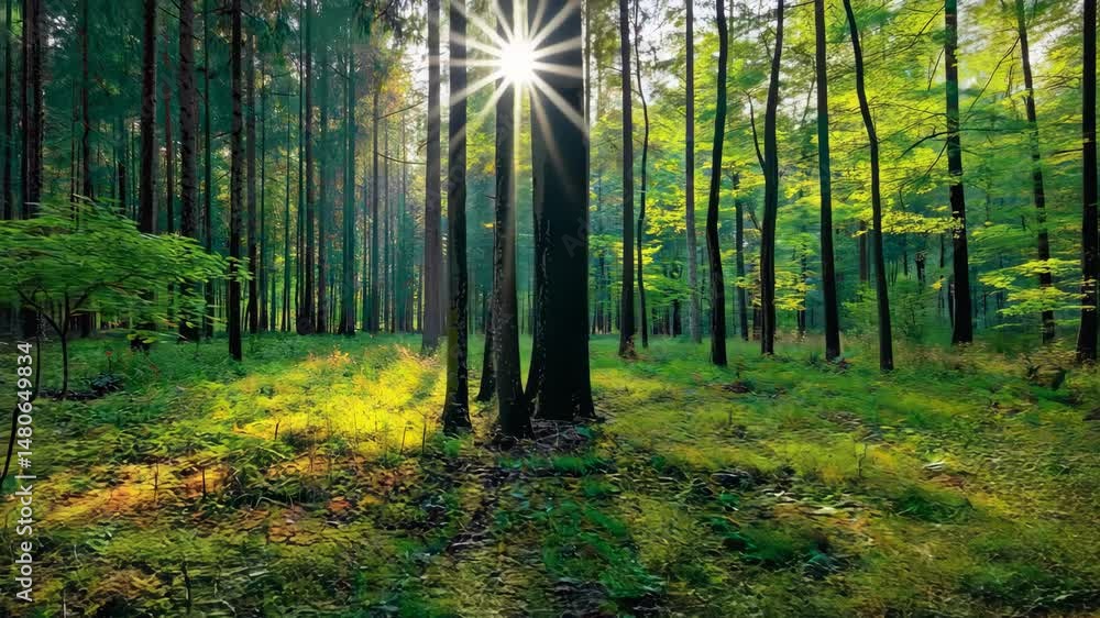Aufkleber sunlight beaming through trees in woodland forest, creating dappled light and shadows in nature