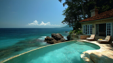 Obraz premium Oceanfront villa with infinity pool, lush greenery, and stunning sea view