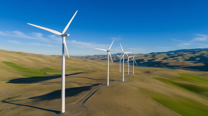 A line of sleek white wind turbines rises over gently rolling green hills beneath a clear blue sky. With long shadows and swaying grass, the minimalist landscape emphasizes the turbines as icons of in