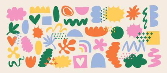 Big set of hand drawn abstract shapes in retro 70s color palette. Vector trendy design elements collection