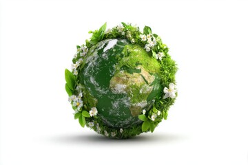Earth globe covered in grass and flowers on white background studio shot concept for ecology and environmental awareness