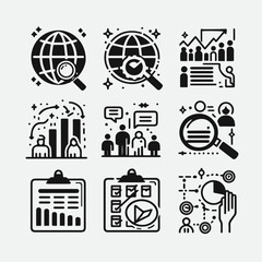 Data Analysis Flat Icons Collection – Minimal Black and White Vector Set