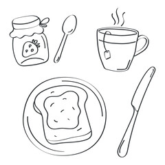 Minimalistic hand drawn vector illustration with classic breakfast elements: a slice of toast on a plate, a jar of strawberry jam, a cup of tea, a butter knife and a spoon