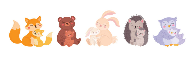 Various cute mother and baby animals. Set of animal families. Flat vector illustration of mothers and their children
