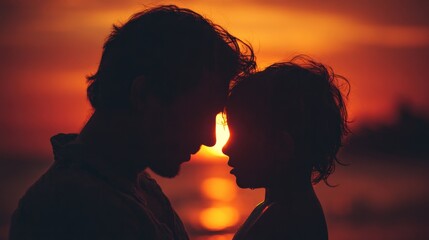 Sunset Embrace: A silhouette of a parent and child, their faces illuminated by the warm glow of a sunset, embodying love, warmth, and the unbreakable bond of family.