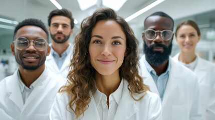 Fototapeta premium Smiling team of scientists posing together, ready for an innovative and collaborative project.