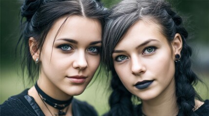 A captivating portrait of two gothic women with mesmerizing blue and green eyes and alluring dark makeup.