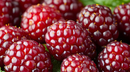 Close-up of vibrant, ripe red berries, glistening with juice, nestled amongst green leaves