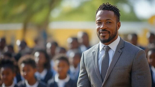 Portrait of Authority: A distinguished individual, exuding confidence and approachability, poses in front of an assembly. This image captures a sense of leadership, community, and dedication.