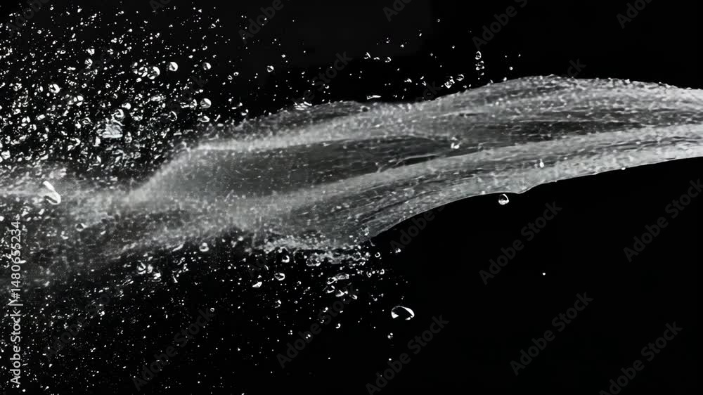 Poster water stream with drops and splashes on black backdrop flowing dynamically at high speed