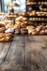 Bakery Display of Fresh Baked Goods on Wooden Table Top Close Up Low Angle View Delicious Pastries