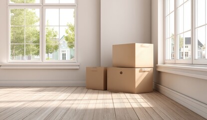 Empty room with moving boxes. Sunlight streams through large windows, illuminating the light-colored wooden floor and the cardboard boxes