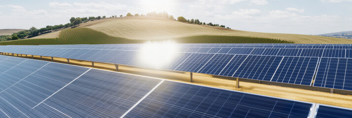 Expansive solar panel array situated in a scenic, rural landscape with rolling hills
