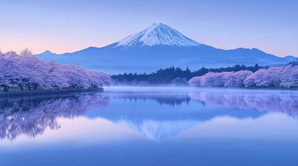 A serene reflection of Mount Fuji in a tranquil lake, framed by cherry blossoms at dawn. The soft light of the early morning enhances the peaceful and natural beauty of the scene, capturing the iconic