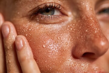 Close-Up of Wet Face and Hand with Water Droplets, Beauty Skincare Concept