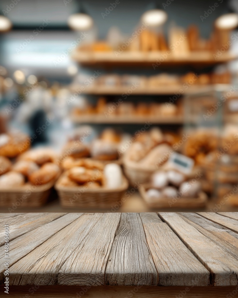 Poster rustic wood table in bakery with blurred bread display in background product placement food photogra