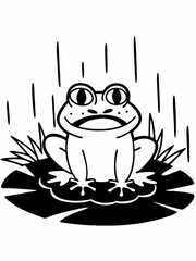 Cartoon Frog on Lily Pad, Black and White