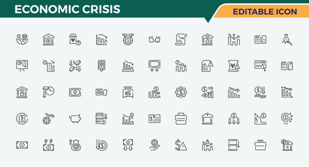 Economic Crisis line icon set. It contains symbols to inthinion, fall, loss, economy, bankruptcy and more. Crisis modern icon set. Outline icons pack. Art and illustration.