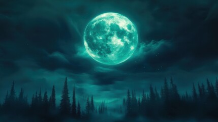 Fototapeta premium Ethereal Full Moon Ascending Over Forest Canopy at Night; Atmospheric Landscape with Glowing Orb and Evergreen Trees; Dreamlike Scene