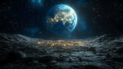 Lunar settlement basks in Earth's glow, a futuristic scene of space colonization