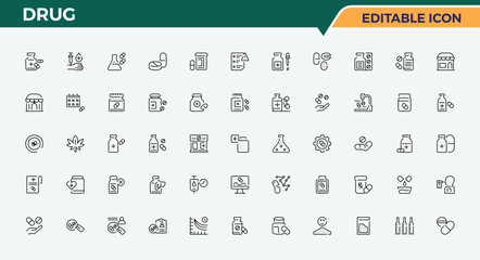 Set of Drug line icon. Includes symbols for pill, pharma, medicine, tablet, antibiotic and more. Web icons pack. Pharmacy icon set. Vector illustration.