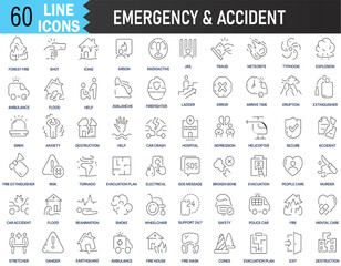 Emergency and accident line icons set. Crime, ambulance, fire, crash, insurance icons. Editable Vector stroke pictograms. best Vector illustration for web and UI application.